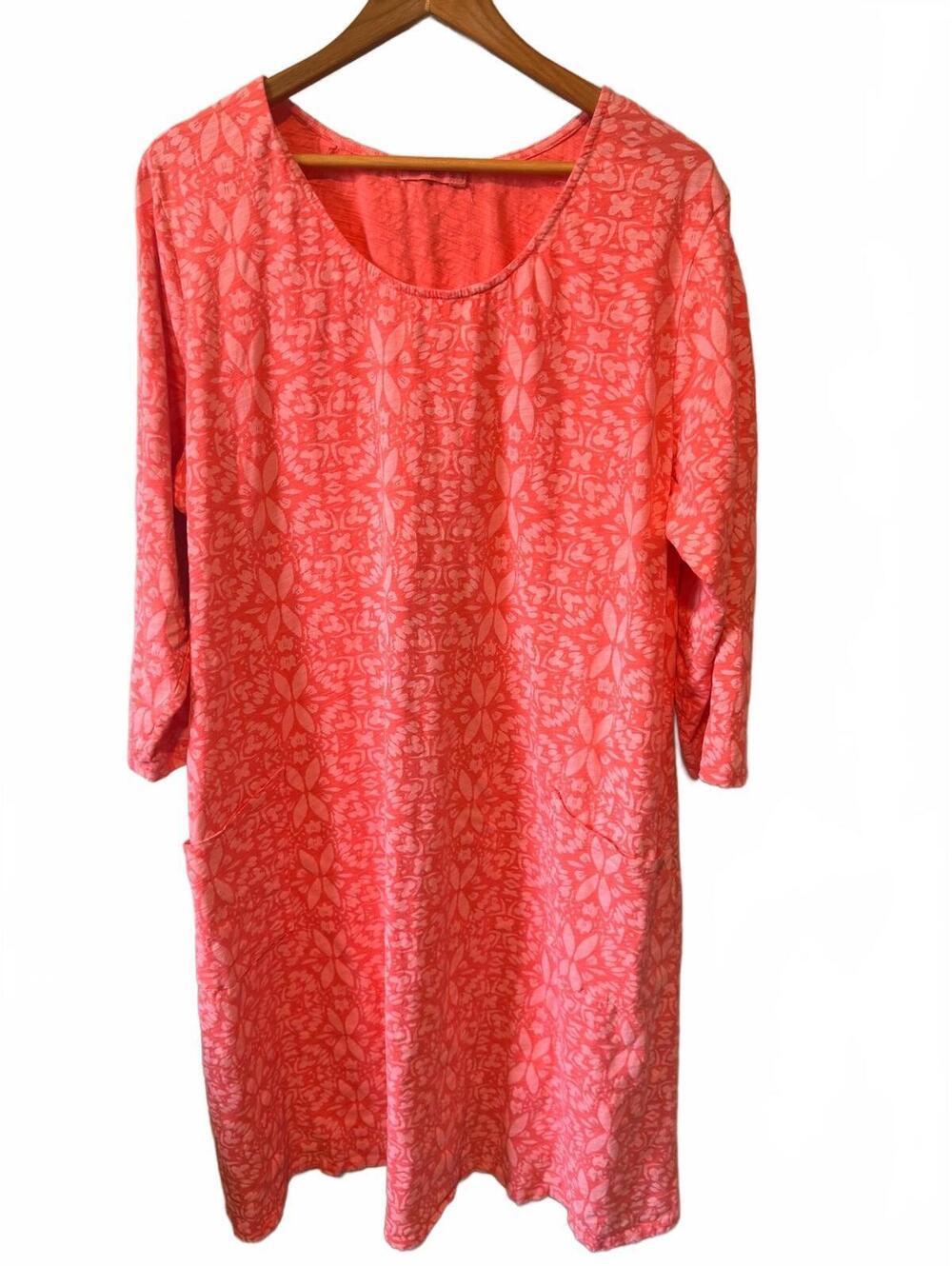 Fresh Produce Dalia Dress | Coral Pink Floral Boho | Cotton Pockets | Fits 2X-3X